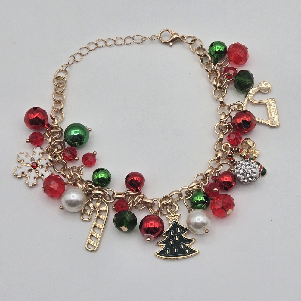 Christmas Holiday Jingle Bell Charm Bracelet Gold Tone 7"